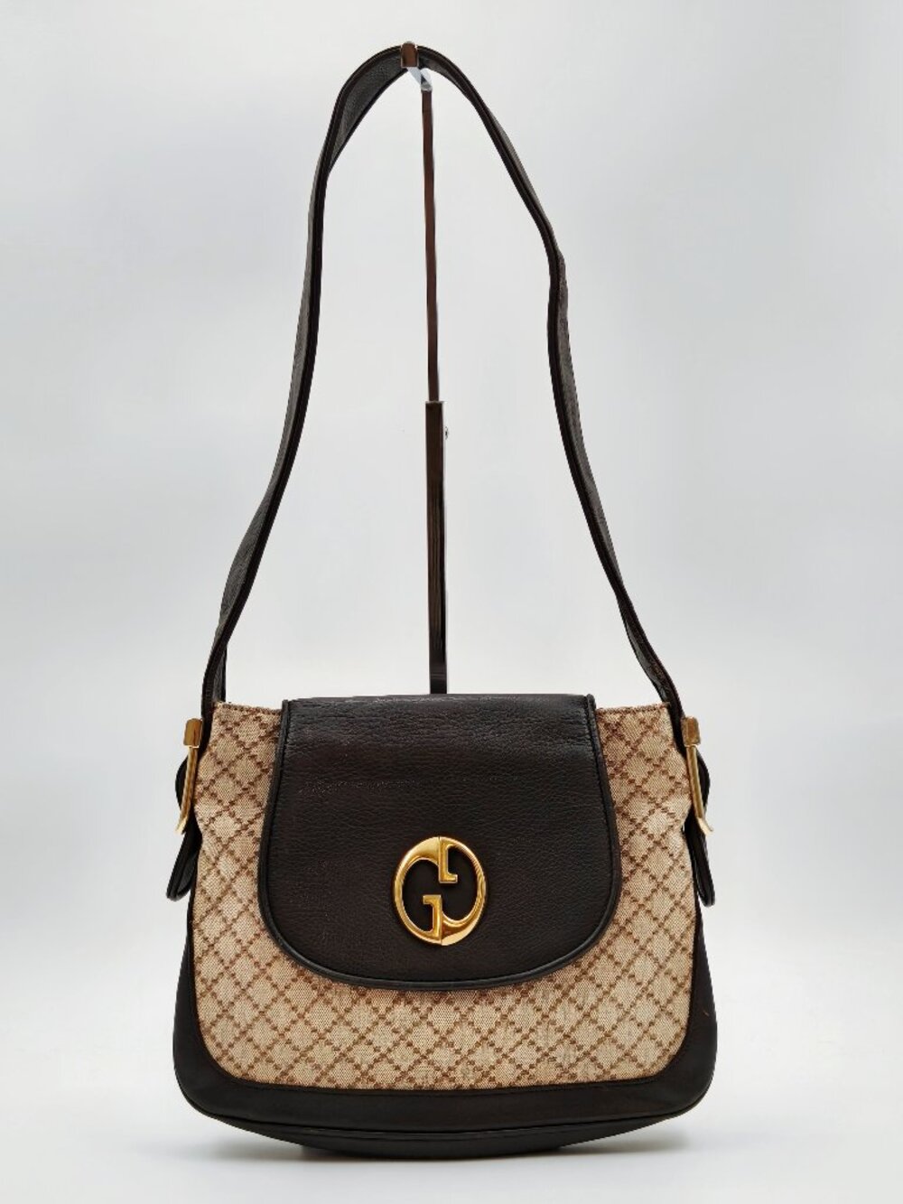 Gucci GG Monogram Canvas Brown Leather Shoulder Bag Gold Logo